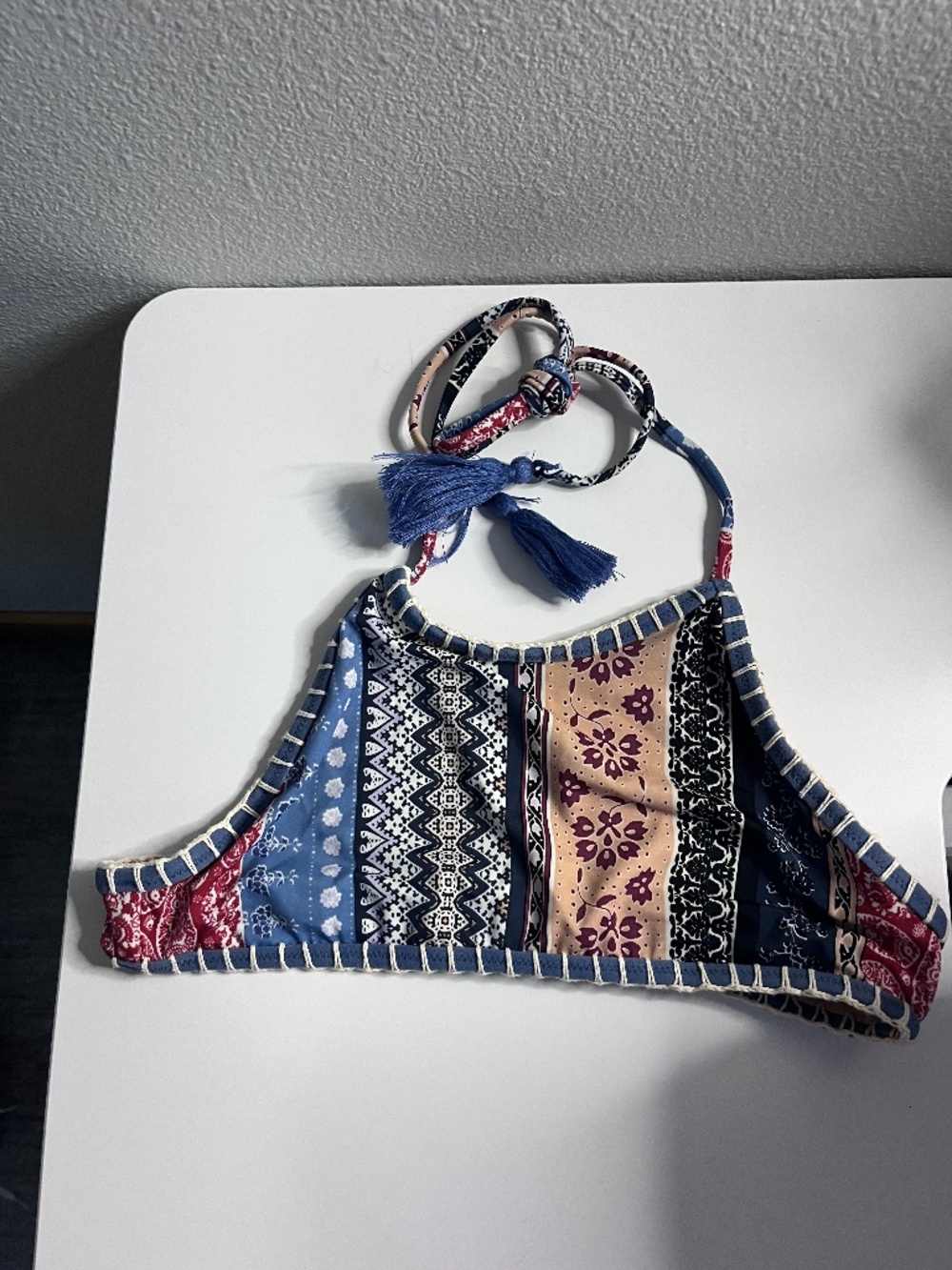 Cute Crochet Trim Boho Paisley Bikini Halter Top Size X Small